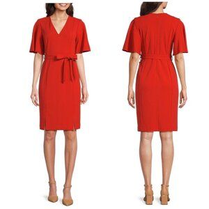 New Calvin Klein Short Sleeve V-Neck Tie Waist Dress in Red Size 8